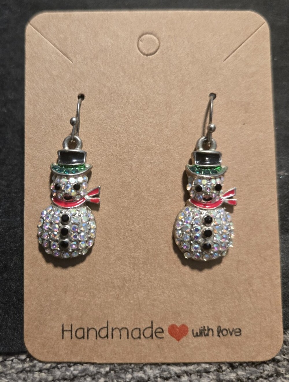 Handmade Snowman Dangle Earrings - Crystal Accent, Red & Green